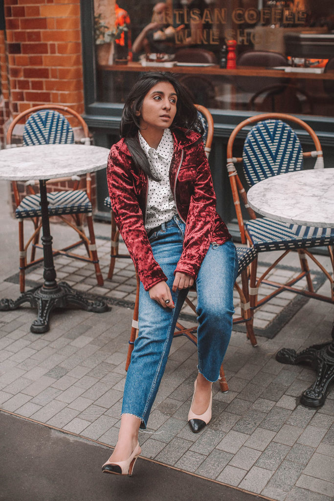 red polka dot shirt outfit